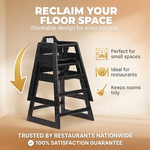 Image of Black Wooden Restaurant High Chair - Stackable Rubberwood Dining Chair with Safety Bar, Easy-Clean Finish, Commercial Restaurant Seating