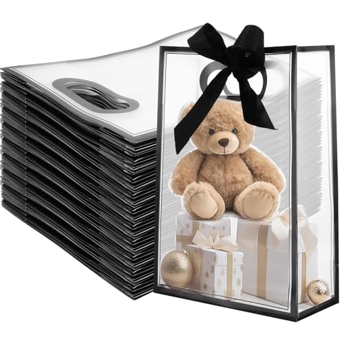 CYEER 40 PCS Clear Gift Bags for Presents Plastic Gift Bags Medium with Handles Clear Bags with Black Ribbon Bow for Gifts Wedding Bridal Baby Shower Birthday H26xL18xW8cm