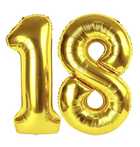 Image of Gold Number 18 Balloon 40 inch, 18 Number Balloons, 18th Gold Birthday Decorations, 18 Year Old Golden Party Supplies