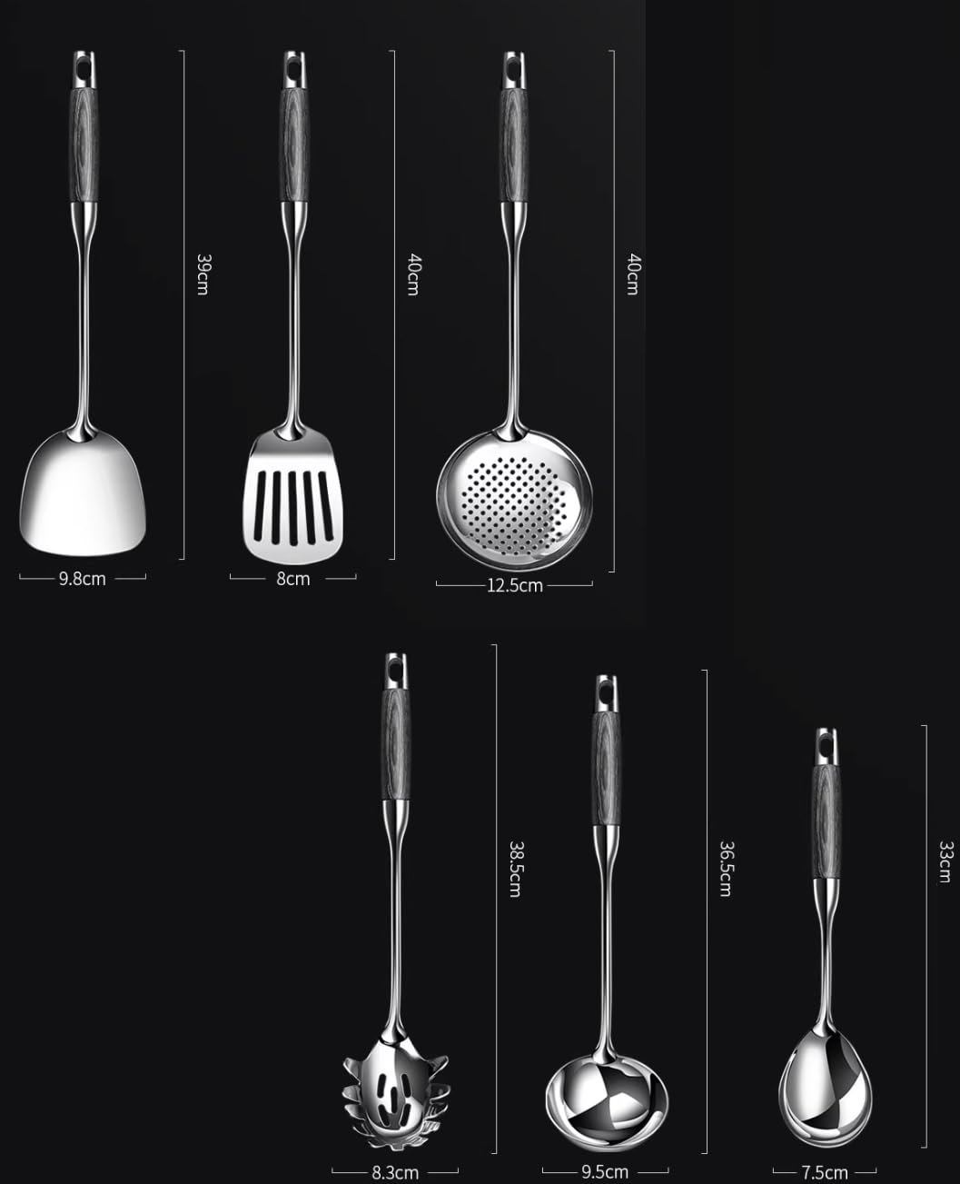 Juego de utensilios de cocina de acero inoxidable, 6 herramientas de cocina, incluyendo espátula, cuchara de sopa, volteador, servidor de pasta y pala con fugas para cocinar y servir