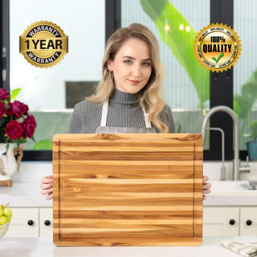 Beefurni Teak Wood Cutting Board With Juice Groove Hand Grip, Large Wooden Cutting Boards For Kitchen, Chopping Board Wood, Gifts For Husband, 1 Year Manufactuer Warranty (L, 22"L X 16"W X 1.25"Th) #TOP1