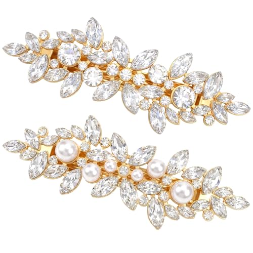Image of 2Pcs Rhinestone Hair Clips for Women Pearl Wedding Hair Clip Sparkly Crystal Flower HairPins Fancy Hairs Barrettes Gold Bridal Hair Accessories for Women Wedding Bride Prom Long Hairs