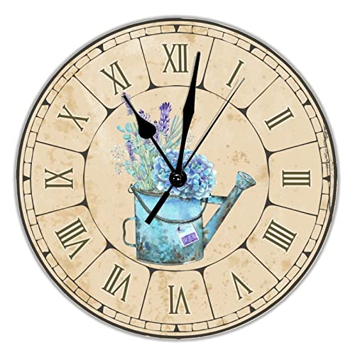 Reloj de pared redondo con regadera de lavanda, reloj de pared floral botánico de PVC, sin tictac, funciona con pilas, 10 pulgadas, vintage, decoración para dormitorio, sala de estar, hogar, cafetería