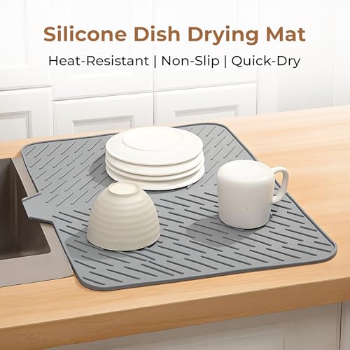 Image of HomeEssentials Silicone Dish Drying Mat for Kitchen - Built-in Drain Lip | Hygienic Drying Pad - Sturdy Compact Easy to Clean Tray Protects Surfaces Prevents Water Build Up - 23 X 17 Inches (Grey)