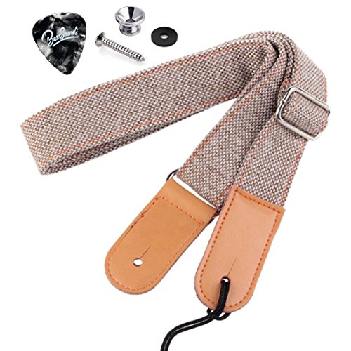 Rinastore Ukulele Strap Country Style Soft Cotton Linen & Leather Shoulder Strap for Ukulele Banjo Mandolin (Lt Grey-US-12)