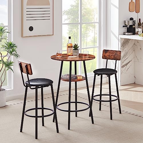 Image of Round Bar Table and Chairs Set for 2,3-Piece Pub Table Sets with 2 PU Upholstered Stools and Counter Height High Top Table,Space Saving,for Dining Room Small Space Apartment (Brown)