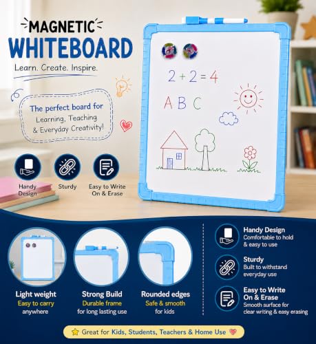 Image of YAJNAS Double-Sided Magnetic Whiteboard with Colorful Frame, 20x30 CM, Pack of 1, Includes 1 Marker Pen & 2 Magnets, Reusable Dry Erase Writing Board for Kids, Students, Teaching, & Office