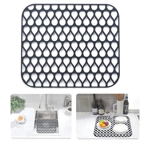 iAnomla Silicone Sink Mat, 34x30cm, Folding Non-Slip Sink Protectors for Kitchen Sink, Mats Counter Protector for Bottom of Kitchen Sink, Dishes and Glassware Drain Mat - Black