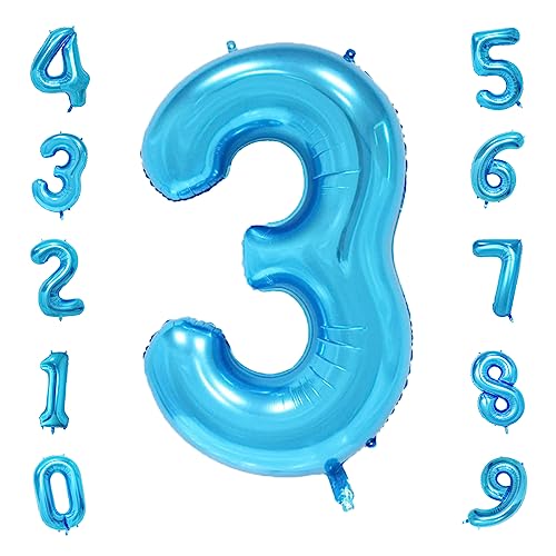 Image of Blue 3 Number Balloon, 40 Inch, Premium Mylar, Reusable, for Birthday Party Decoration