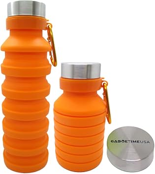 Gadgetime USA Collapsible Water Bottle Orange - Reusable, BPA Free, Silicone, Foldable Portable & Leak Proof - Water Bottles for Travel Gym Camping Hiking - Sports Water Bottle with Carabiner