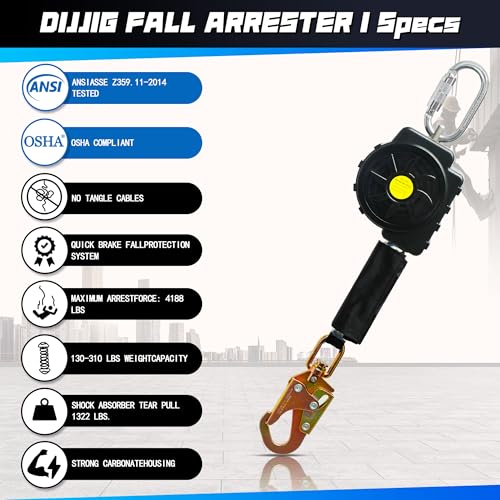 Image of DIJJIG 6FT Fall Protection Retractable Lanyard - Heavy Duty SRL Fall Arrest System, Industrial Safety Lanyard for Roofing & Construction Positioning, ANSI /OSHA Compliant Lifeline(Small Hook)