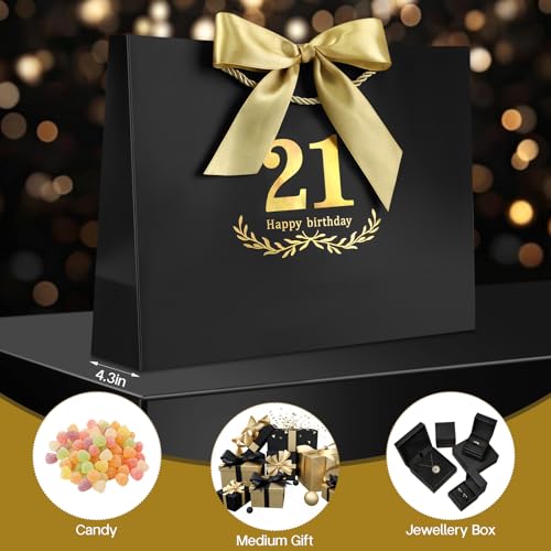 Image of JMANNI Black Gold 21st Birthday Gift Bag with Card and Tissue Paper, 12.6 inchx9.84 inchx3.9 inch Elegant Present Bag for Adults, 21 Year Old Birthday Keepsake Party Supplies