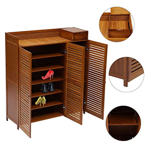Hteedy Bamboo Entryway Shoe Cabinet 7-Tier Bamboo Shoe Rack Large Capacity With 1 Storage Box &Door, 38.6" L*12.6" W*45.3" H #TOP4