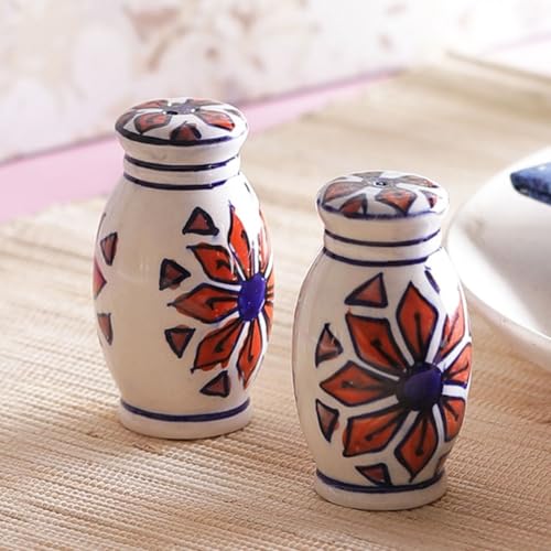 Image of VarEesha Hand Painted Orange Flowers on White Ceramic Salt n Pepper Set for Dining Table Used as Namak Dhani, Shaker, Sprinkler for Home, Kitchen and Restaurant