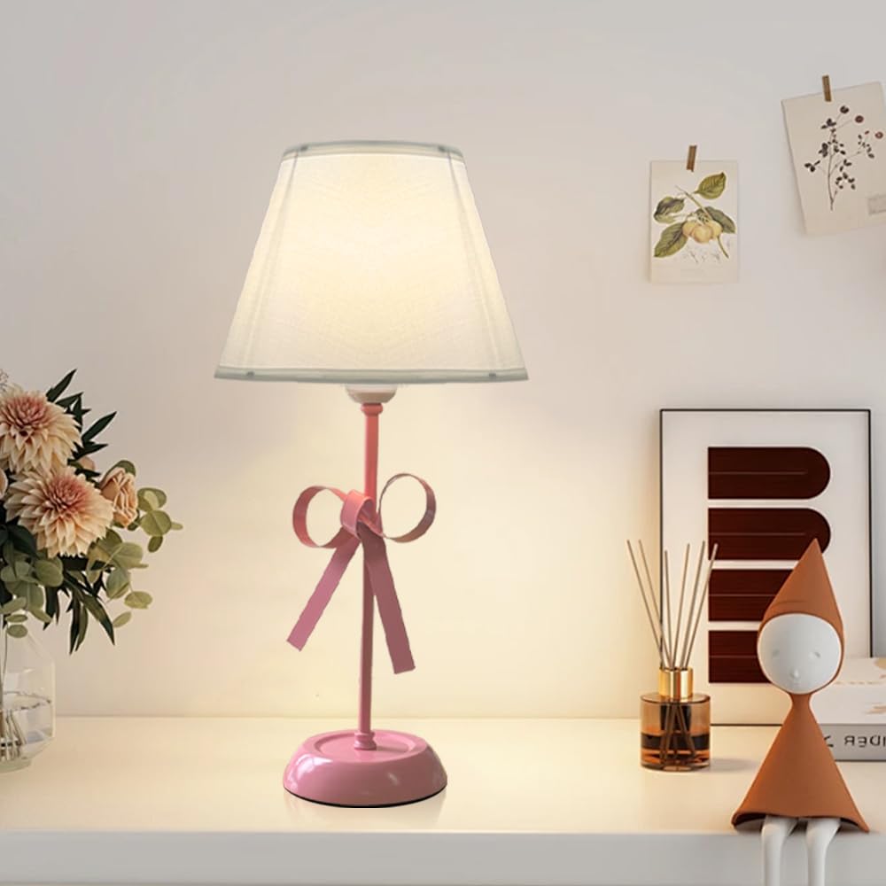 Pink Bow Lamp for Girls Room, Small Single Princess Desk Lamp Modern Decorative Boho Living Room Kids Reading Room Bedside End Table Cute Coquette Table Lamp with Fabric Shade Bedroom