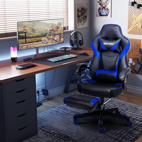 YU YUSING Sedia Gaming Massaggiante, Sedia Ergonomica da Ufficio, Altezza Regolabile, Sedia Ufficio con Supporto Lombare e Poggiatesta, Poltrona Gamer PC, PU con Poggiapiedi Retrattile, Blu