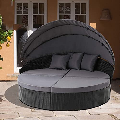 Patiomore Patio Round Daybed with Retractable Canopy, Outdoor Furniture with Washable Cushions for Patio Backyard Porchï¼ŒClamshell Sectional Seating Wicker Black