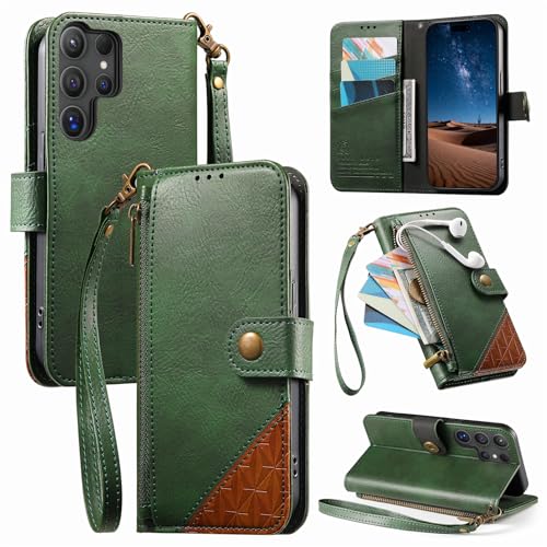 Rfvzubemok Compatible with Samsung Galaxy S26 Ultra 5G Flip Kickstand Zipper Wallet with a Lanyard and Magnetic Closure Phone Case Green