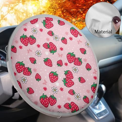 Image of Strawberry Print Steering Wheel Cover Sunshade Personalized Sun Shade for UV Protection Anti Slip Car Interior Accessories Sun Protection Universal Steering Wheel Shield