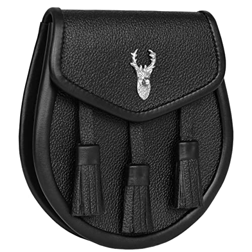 Image of Scottish Original Leather Sporran with Leather Belt & Chain (Black Leather Stag Head Sporran)