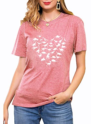 Ayaclon Women's Cute Dinosaur Shirt Teen Girls Graphic Tees Round Neck Valentines Day Tshirts Pink Small #TOP1