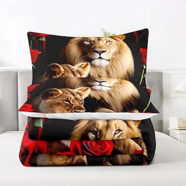 Raphus Cucullatus Lion Print Comforter Set King 3 Piece, Red Black Animal Bedding for Boys, Rose Tropical African 3D Print, Lion King Bed Set