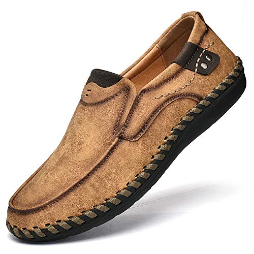 Lightweight Breathable Hand-Made Loafers for Men Microfiber Leather Anti-Slip Flat Casual Shoes Lined Slip-on Round Toe(Yellowish-Brown,10 M US)3