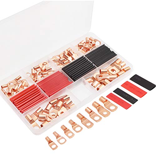 60 Pcs Bolt Hole Copper Terminals Connectors with 60 Pcs Heat Shrink Cable lugs SC Ring Terminals with Spy Hole Assortment Kit (Gold, 60+60 Pcs)