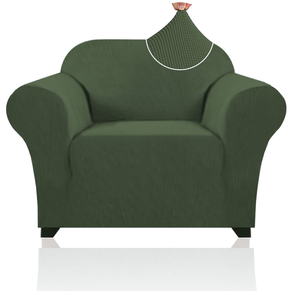 PrinceDeco Stretch Chair Covers for Living Room, Washable Armchair Slipcovers, Fitted Chair Slip Cover Jacquard Small Checked Furniture Protector with Elastic Bottom(Armchair 31"-40",Bronze Green)