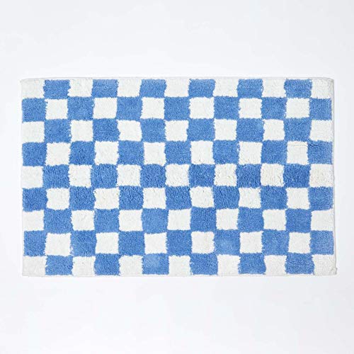 HOMESCAPES Tappeto da bagno a quadretti antiscivolo in cotone 100% blu, 50 x 80 cm