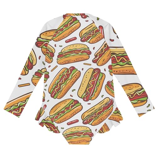 Girls One Piece Swimsuits Long Sleeve Swimsuit Zipper Bathing Suits Hot Dog Pattern2