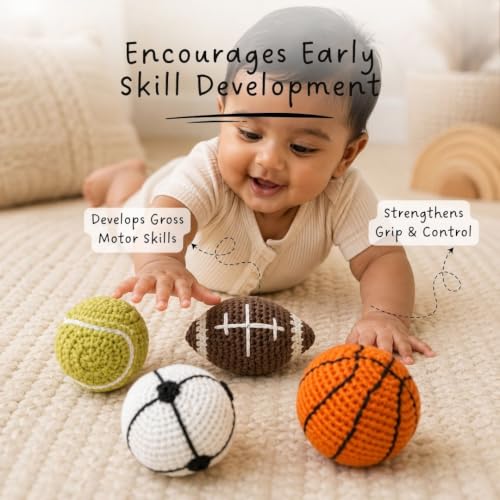 Image of Crochet Rattle Balls Gift Set - Set of 4 | Soft Baby Rattle Toys with Colorful Crochet Texture | Easy-Grip Sensory Balls for Infants, Grasping, Shaking, Rolling & Interactive Parent-Child Play