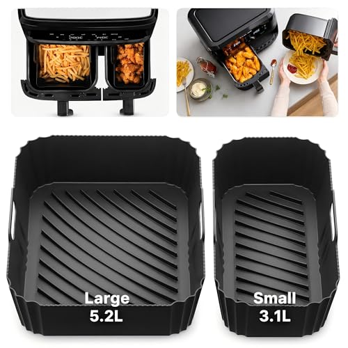 Szyeequoo Silicone Air Fryer Liners for Tefal 8.3L 5.2L + 3.1L Split-Sized Pair 1 Large + 1 Small Reusable Air Fryer Liners for Lakeland 8L Tower T17099 and Salter EK5729