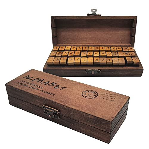 Diyomr Vintage Letter Stamps Wood Rubber Stamps Italics Alphabet, 42Pcs Stamps Set With Old Red Vintage Wooden Box For Gift Card Making Scrapbook Diy Ancient Typing Simulation (Upper Case & Numbers) #TOP22