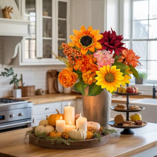 Image of 2PCS Faux Sunflower with Hydrangea Fake Eucalyptus Leaves Arranged Bouquet for Home Decor