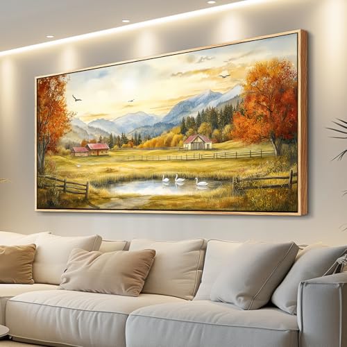 PHAOHUAXM Large Wall Art For Living Room Canvas Wall Decor For Farmhouse Office Decoration Bedroom Ink-Wash Landscape Paintings Wood Framed Printing Dining Room Kitchen Modern Home Decor 24"X48"