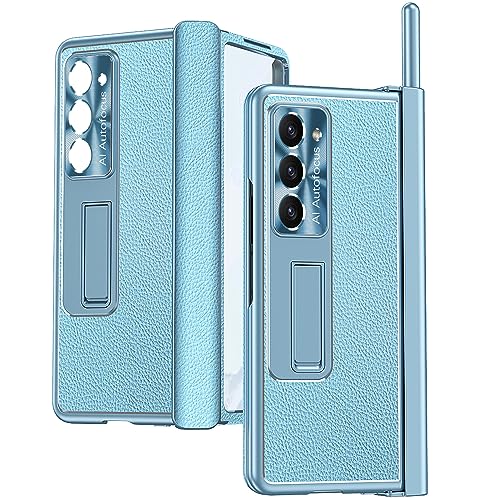 Étui Galaxy Z Fold 5 en cuir premium bleu ciel avec son stylet dédié