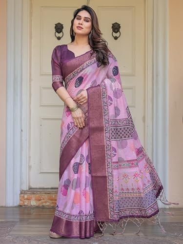 Image of ALMAARI FASHION Floral Printed Cotton Saree for Women with Handloom Zari Weave, Traditional Lightweight Ethnic Saree for Wedding Festive Office Party with Blouse Piece (LINEN 81-90 SH)