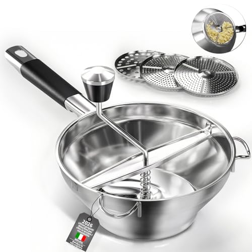 Passatutto in acciaio inox, 3 Dischi in dotazione, macina a manovella per alimenti per,design ergonomico rotante per salsa di pomodoro e purè di patate (Acciaio inossidabile)