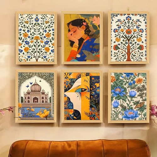 Image of PAINTINGMANTRA Mughal Floral Madhubani Wall Art With Frame For Living Room, Madhubani paintings for Bedroom Home And Office Wall Decor, Set of 6, 9x13 Inch