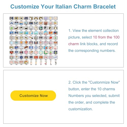 Custom Italian Charm Bracelet - 10 Personalized Charms, Stainless Steel, Silver, 6.75' Adjustable Link Bracelet with Tool - Moon, Star, Animals, Heart, Flowers & More3