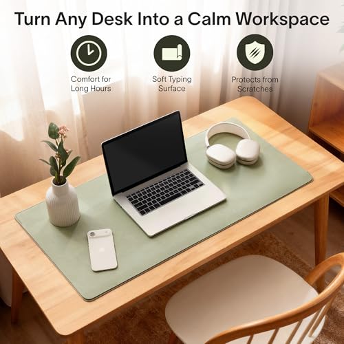 Image of Nordik Felt and Leather Desk Mat - Dual Layer Willow Haze Sage 35 x 17 in | Dual-Layered Mat Leather Desk Pad with Document Organizer - Full Desktop Mat - Large Non-slip and Waterproof Desk Blotter