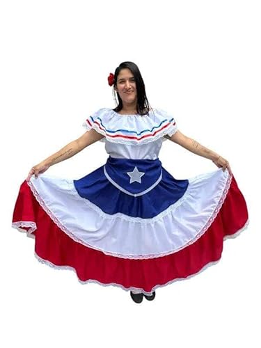 Puerto Rican Traditional Women Fiesta Dress with Blue Flag & Star Belt XS