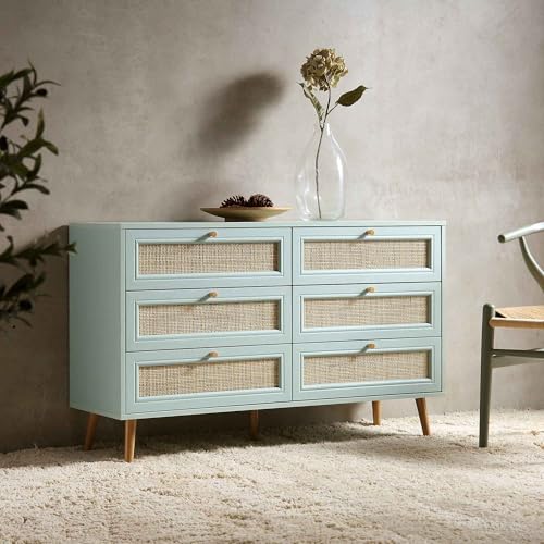 Image of Mid-Century Modern Chest of Drawer with Natural Rattan Panels, Solid Wood Legs, Spacious Storage Chest, Stylish Bedroom Dresser for Living Room, Entryway.