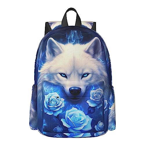 Fehuew 16 Inch Backpack Fantasy Blue Roses Wolf Laptop Backpack Full Print School Bookbag Shoulder Bag For Travel Daypack #TOP21