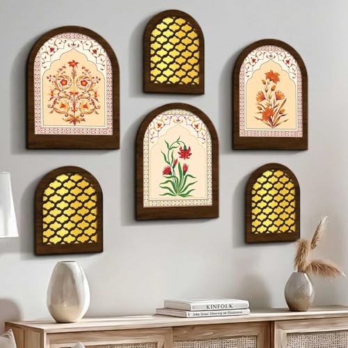 Image of MDF Jharokha Wall Mirror for Home Decor | Traditional Decorative Wall Hanging Jharokha Mirror | Premium Mirrors for Living Room Bedroom Set of 6 (9x12 inch & 7.5x9.5 inch)
