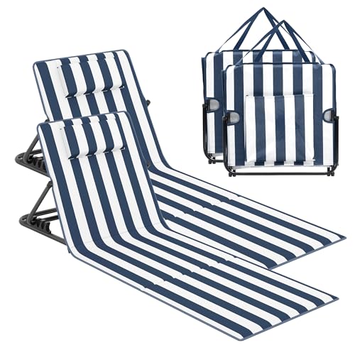 SONGMICS Set of 2 Folding Beach Sunloungers Deck Beach Chairs Mats Reclining Backrest Lightweight Portable with Handle Camping Garden Pool 158 x 55 cm Midnight Blue and Cloud White GCB251QZ02