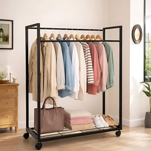 Image of DIVYA Heavy-Duty Metal Garment Rack with Bottom Storage Shelf Freestanding Clothes Stand for Bedroom, Entryway, Living Room Black