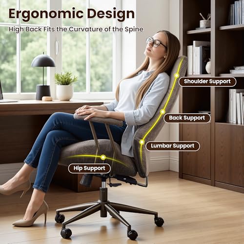 Image of ovios Ergonomic Office Chair, High Back Faux Leather Executive Chairs with Armrests, Comfy Mid-Century Modern Swivel Rolling Computer Armchair (Dark Grey, Suede Leather)