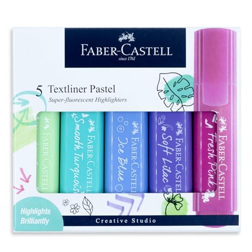 Faber-Castell Pastel Textliner Pen Set – Pack of 5 Assorted Colours | Highlighter Markers for Study, Journaling & Doodling | Stationery Essential for Students